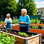 A diverse group of adults and seniors, fully clothed in modest, everyday attire, collaboratively engaged in a community urban garden project. They are tending to vibrant plants in raised garden beds within a clean, modern city park setting. The atmosphere is cooperative and positive. safe for work, appropriate content, fully clothed, family-friendly, perfect anatomy, correct proportions, natural pose, well-formed hands, proper finger count, natural body proportions, professional photography, high quality, vibrant colors.