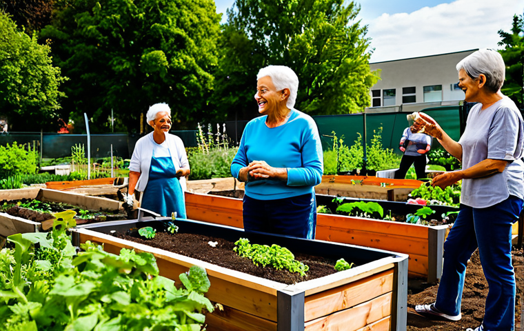 A diverse group of adults and seniors, fully clothed in modest, everyday attire, collaboratively engaged in a community urban garden project. They are tending to vibrant plants in raised garden beds within a clean, modern city park setting. The atmosphere is cooperative and positive. safe for work, appropriate content, fully clothed, family-friendly, perfect anatomy, correct proportions, natural pose, well-formed hands, proper finger count, natural body proportions, professional photography, high quality, vibrant colors.