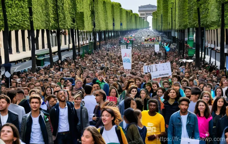 기후 변화 대응을 위한 시민의 요구 - **Prompt: Drought-Stricken French Farmland with Emerging Green Resilience**

    A vast, panoramic v...