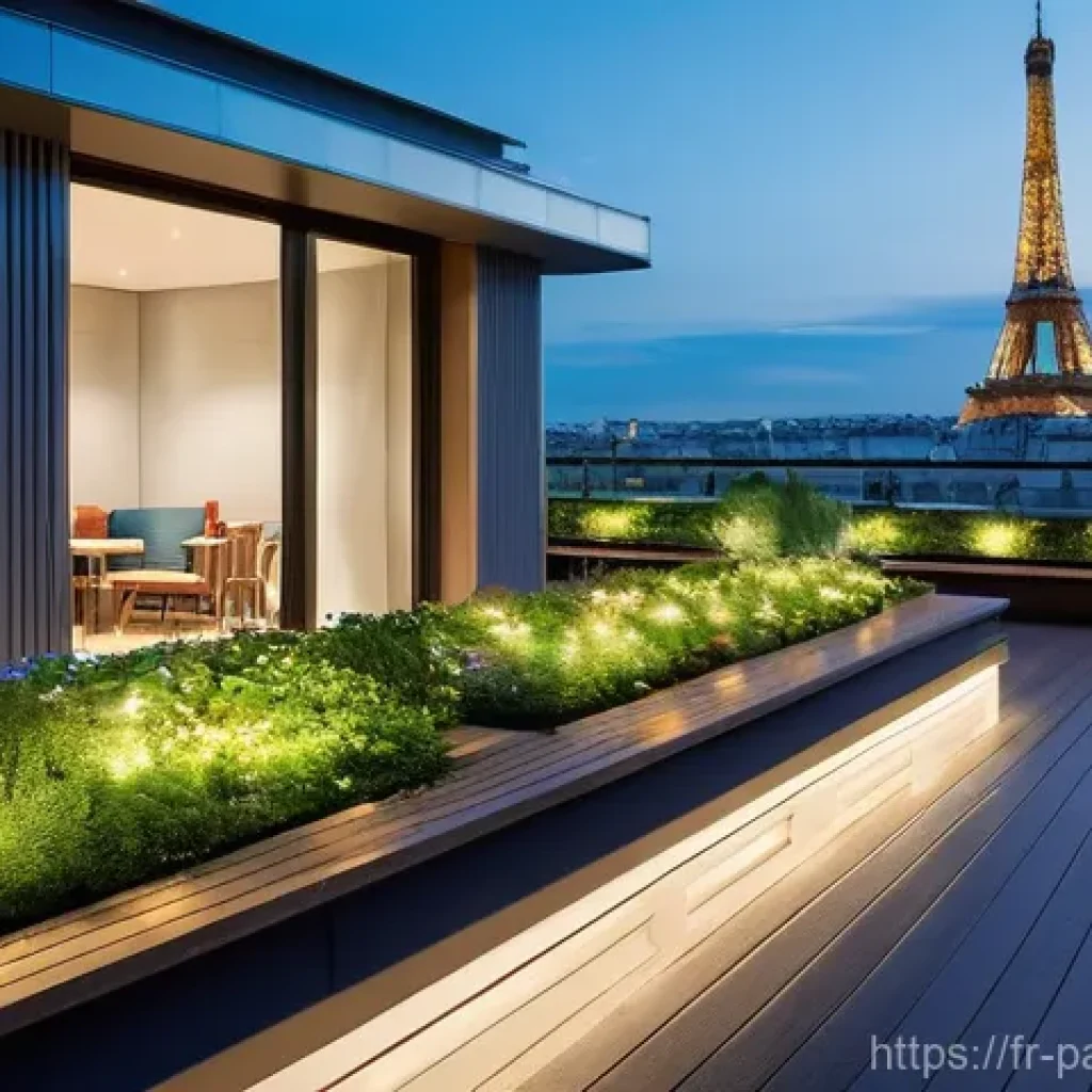 기후 위기와 도시 계획의 연계성 - **Prompt 1: "A serene, modern Parisian cityscape at dusk, featuring several multi-story buildings wi...