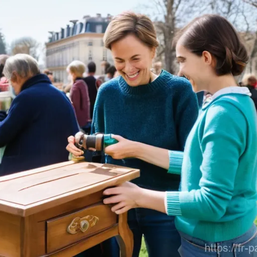 기후 위기 대응을 위한 정보 공유 플랫폼 - **Collaborative Community Exchange in a French Park:**
A bustling and sun-drenched scene in a ch...