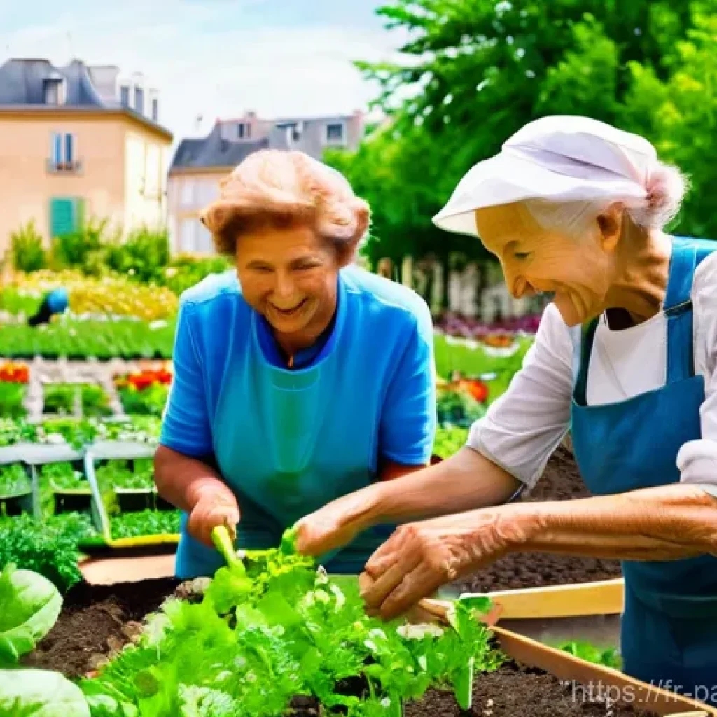 기후 변화 대응을 위한 커뮤니티 자원 활용 - **Prompt: "A vibrant, sun-drenched urban community garden in a picturesque French town. Diverse grou...