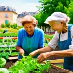 Home 20 기후 변화 대응을 위한 커뮤니티 자원 활용 - **Prompt: "A vibrant, sun-drenched urban community garden in a picturesque French town. Diverse grou...