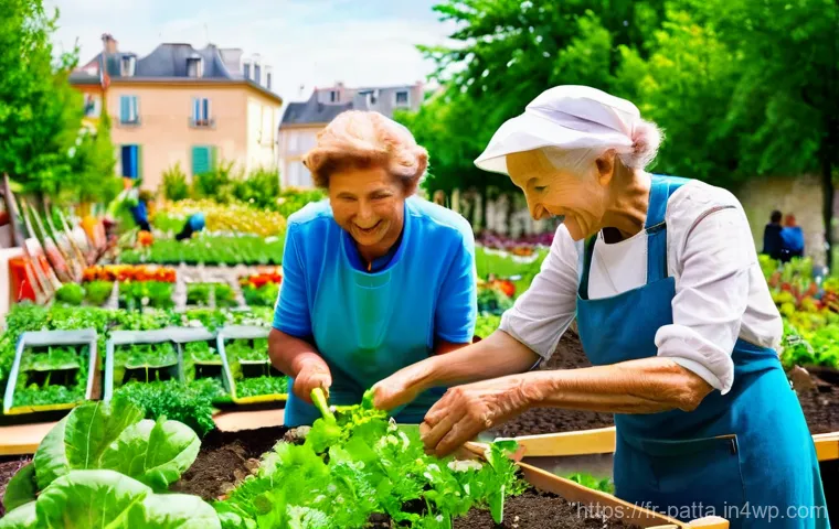 기후 변화 대응을 위한 커뮤니티 자원 활용 - **Prompt: "A vibrant, sun-drenched urban community garden in a picturesque French town. Diverse grou...