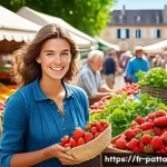 Home 18 기후 위기 대응을 위한 지역 사회의 역할 - A vibrant farmers market in a small French village. Stalls overflow with colorful fruits, vegetables...