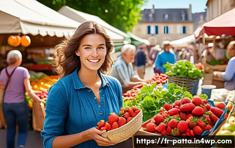 기후 위기 대응을 위한 지역 사회의 역할 - A vibrant farmers market in a small French village. Stalls overflow with colorful fruits, vegetables...
