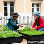 Home 16 기후 위기 해결을 위한 지역 사회의 연대 의식 - **A Vibrant Community Garden in a French City:**
"A vibrant, sun-drenched community garden nestl...