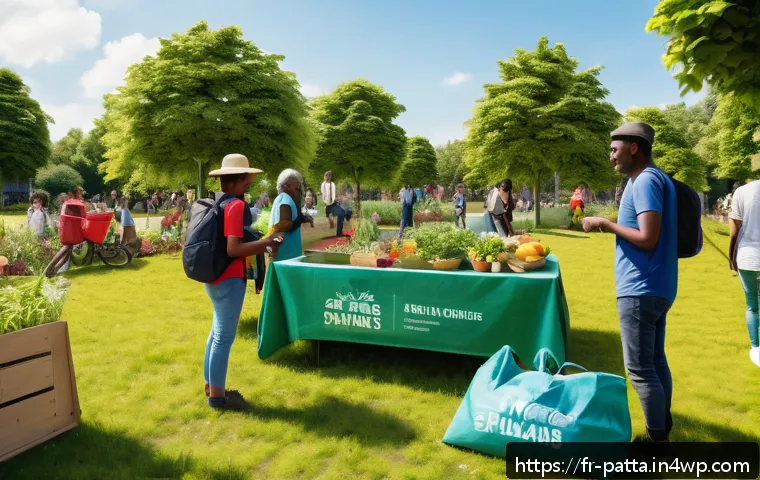 기후 행동 캠페인 성공 사례 분석 - A vibrant outdoor community event in a French neighborhood park focused on climate action, featuring...
