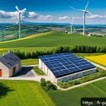 Home 18 기후 위기 대응 시나리오 분석 - A vibrant French countryside scene showcasing a solar farm and wind turbines on rolling green hills ...