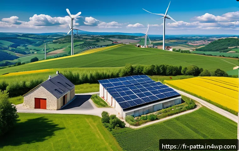 기후 위기 대응 시나리오 분석 - A vibrant French countryside scene showcasing a solar farm and wind turbines on rolling green hills ...