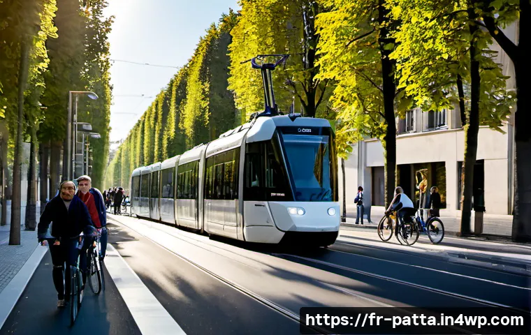 Home 13 기후 위기와 대중 교통의 지속 가능성 - Photorealistic sustainable urban transport scene in a French city, modern electric tram gliding besi...
