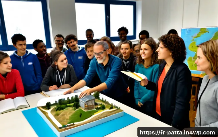 Home 15 기후 위기 대응을 위한 시민 교육 프로그램 - Photorealistic community climate education workshop in a bright French municipal library, diverse ad...