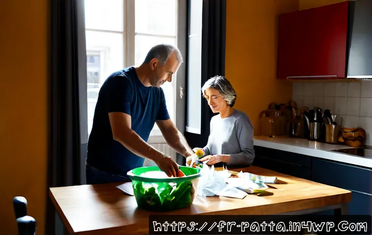기후 위기 대응을 위한 시민의 생활 습관 변화 - Photorealistic French urban apartment kitchen, a middle-aged couple carefully sorting household recy...