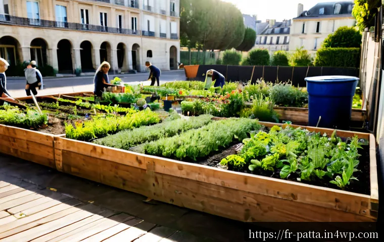 Home 17 기후 변화 대응을 위한 커뮤니티 식물 원예 프로젝트 - Photorealistic community climate-resilient garden in a French city neighborhood, diverse adult volun...